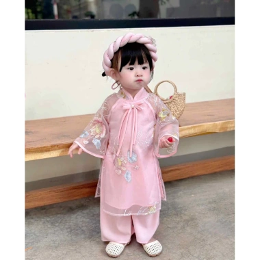 Áo Dài Hoa Sen và Quần Mấn 2 Màu Xinh cho Bé Gái Lễ Tết Chụp Hình Giá Ưu Đãi 189k