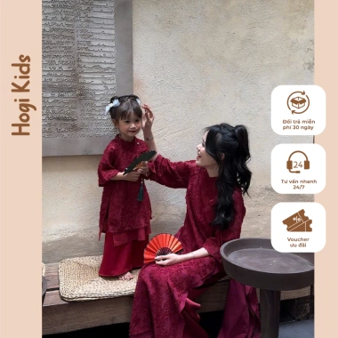 Áo Dài Hogi Kids Bé Gái & Mẹ Phượng Vũ Voan Lông Đỏ-Hồng - Giá chỉ 300.000đ 2