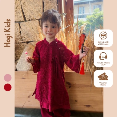 Áo Dài Hogi Kids Bé Gái & Mẹ Phượng Vũ Voan Lông Đỏ-Hồng - Giá chỉ 300.000đ 5