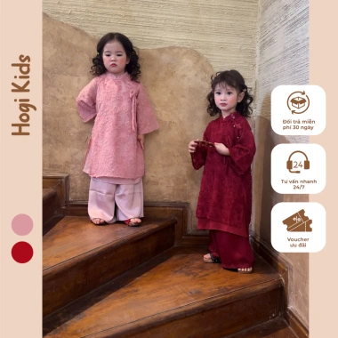 Áo Dài Hogi Kids Bé Gái & Mẹ Phượng Vũ Voan Lông Đỏ-Hồng - Giá chỉ 300.000đ 6