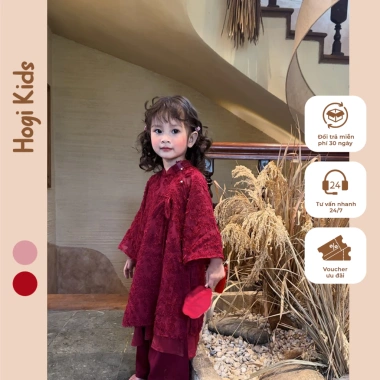 Áo Dài Hogi Kids Bé Gái & Mẹ Phượng Vũ Voan Lông Đỏ-Hồng - Giá chỉ 300.000đ 8