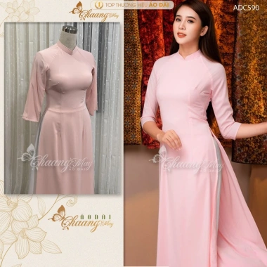 Áo dài hồng phấn mịn Chaang vải lụa 2 tà cổ vuông tay lỡ - May sẵn tiệc lễ tết 4