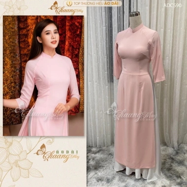Áo dài hồng phấn mịn Chaang vải lụa 2 tà cổ vuông tay lỡ - May sẵn tiệc lễ tết 5