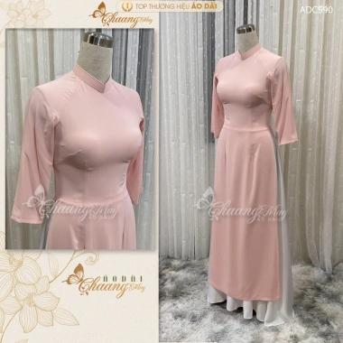 Áo dài hồng phấn mịn Chaang vải lụa 2 tà cổ vuông tay lỡ - May sẵn tiệc lễ tết 8
