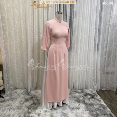 Áo dài hồng phấn mịn Chaang vải lụa 2 tà cổ vuông tay lỡ - May sẵn tiệc lễ tết 9