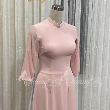 Áo dài hồng phấn mịn Chaang vải lụa 2 tà cổ vuông tay lỡ - May sẵn tiệc lễ tết 10