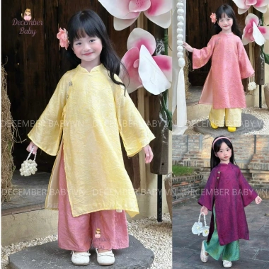 Áo dài Hồng Yến bé gái vải gấm tơ ánh kim, phom tay rộng, vân nhăn, giảm Tết 279.000₫