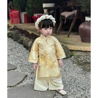 Áo Dài Khổng Tước Vàng có Mấn cho Bé Gái - Lễ Tết, Chụp Hình, Giá 198k Giảm giá