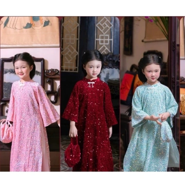 Áo dài kim sa bé gái - Thiết kế Tết cách tân, lấp lánh, phong cách điệu đà, chỉ 129k