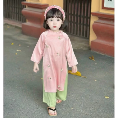 Áo dài lụa đính hoa, bờm gắn hoa nổi xinh cho bé gái 8-28kg Tết lễ diễn - 189k 2