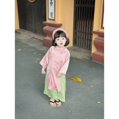 Áo dài lụa đính hoa, bờm gắn hoa nổi xinh cho bé gái 8-28kg Tết lễ diễn - 189k 6
