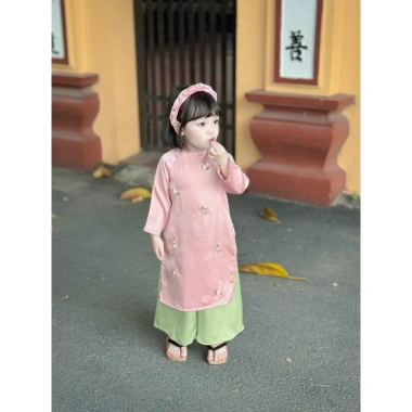 Áo dài lụa đính hoa, bờm gắn hoa nổi xinh cho bé gái 8-28kg Tết lễ diễn - 189k 7