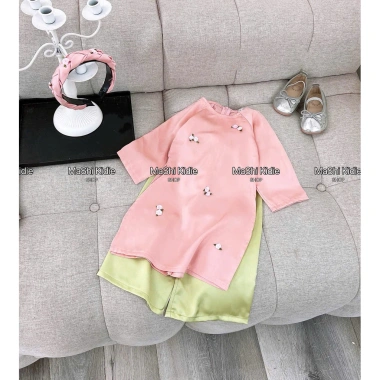 Áo dài lụa đính hoa, bờm gắn hoa nổi xinh cho bé gái 8-28kg Tết lễ diễn - 189k 8