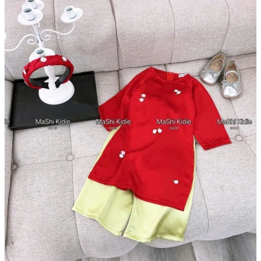 Áo dài lụa đính hoa, bờm gắn hoa nổi xinh cho bé gái 8-28kg Tết lễ diễn - 189k 9