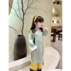 Áo dài lụa xanh + quần vàng mềm mại cho bé xinh xắn, kèm mấn, đi học lễ tết - 159k 3