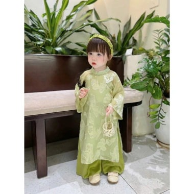 Áo dài lụa xinh xắn cho bé gái, tặng kèm cài, ưu đãi 210k, thời trang Tết 8