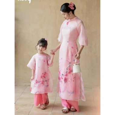 Áo dài mẹ bé chất tơ Hàn đính hoa tỉ mỉ, mềm mại, siêu xinh, độc đáo, thiết kế tinh tế cho lễ Tết Trung Thu – Giá ưu đãi 230k 5