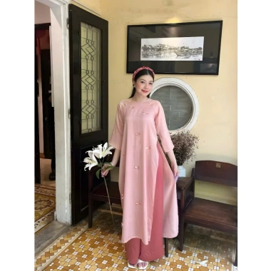Áo Dài mẹ và bé cổ tròn đính nơ lụa - Thiết kế lễ Tết xinh đẹp, chỉ 240.000đ