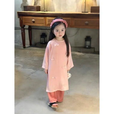 Áo Dài mẹ và bé cổ tròn đính nơ lụa - Thiết kế lễ Tết xinh đẹp, chỉ 240.000đ