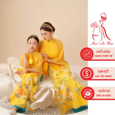 Áo dài mẹ và bé Cúc Vàng Mộc Trà 4 tà 2 lớp - Đính kết thủ công cao cấp, chỉ 339k 6