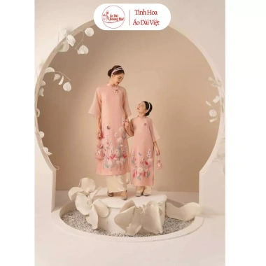 Áo dài Mộc Trà mẹ & bé gái hồng tôm, hồng vỏ đỗ đính thủ công - 299.000₫