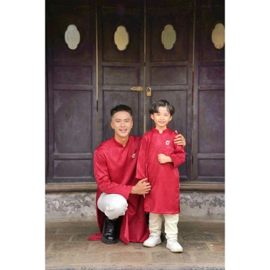 Áo dài nam & bé trai đỏ vân hoa cúc gấm mềm - GIAO GẤP 4H - Áo Dài Tết 269k 3