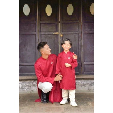 Áo dài nam & bé trai đỏ vân hoa cúc gấm mềm - GIAO GẤP 4H - Áo Dài Tết 269k 4