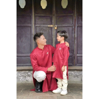 Áo dài nam & bé trai đỏ vân hoa cúc gấm mềm - GIAO GẤP 4H - Áo Dài Tết 269k 6