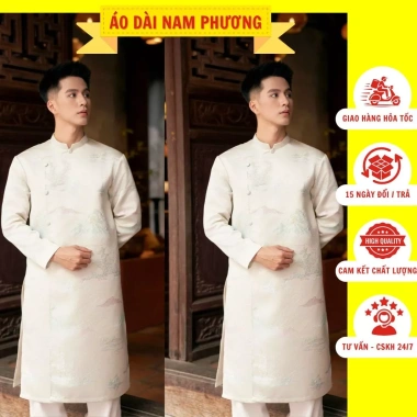 Áo dài nam cách tân 2 lớp gấm Kem đính cúc cao cấp - Thiết kế Tết, giảm giá 525k