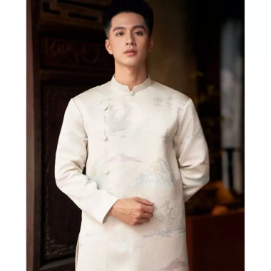 Áo dài nam cách tân 2 lớp gấm Kem đính cúc cao cấp - Thiết kế Tết, giảm giá 525k