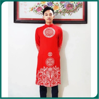 Áo dài nam cách tân đỏ họa tiết truyền thống dân tộc - Giá xưởng 339.000 VNĐ, 7 ngày đổi trả