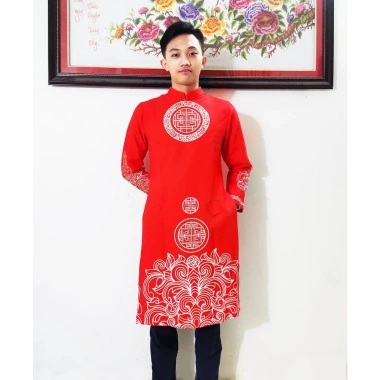 Áo dài nam cách tân đỏ họa tiết truyền thống dân tộc - Giá xưởng 339.000 VNĐ, 7 ngày đổi trả