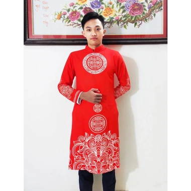 Áo dài nam cách tân đỏ họa tiết truyền thống dân tộc - Giá xưởng 339.000 VNĐ, 7 ngày đổi trả