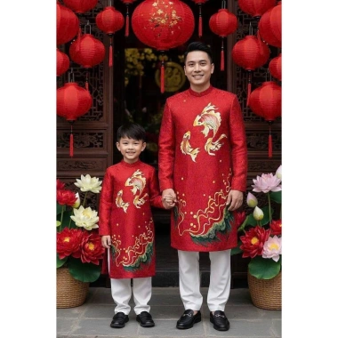 Áo dài nam cách tân hoa văn lý ngư chất tuyết mưa - Mặc Tết biểu diễn văn nghệ, giảm giá 349.000₫