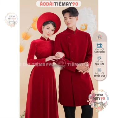 Áo dài nam cách tân Nhung truyền thống Tiệm 90 - May sẵn màu đỏ, đô vàng, xanh cho tiệc cưới lễ tết AD90.131 6