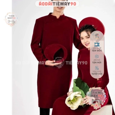Áo dài nam cách tân Nhung truyền thống Tiệm 90 - May sẵn màu đỏ, đô vàng, xanh cho tiệc cưới lễ tết AD90.131 9