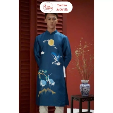 Áo dài nam cách tân truyền thống xanh navi thêu hạc size 50-105kg Hoàng Mai giá 409.000đ