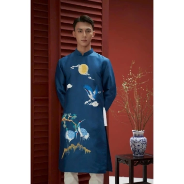 Áo dài nam cách tân truyền thống xanh navi thêu hạc size 50-105kg Hoàng Mai giá 409.000đ