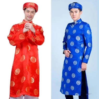 Áo dài nam lụa Thái Tuấn kèm mấn, khăn đóng, màu xanh đỏ vàng lễ hội - 99.000đ
