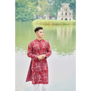 Áo dài nam sự kiện vân đá đỏ gấm cao cấp, form đứng, mặc Tết – Giao 4H, giá 406.000 | M.A.N