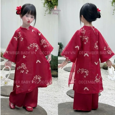 Áo dài Ngọc Diên bé gái vải tơ thêu 4 tà và quần lụa ngọc trai dày dặn, lễ tết giá ưu đãi 245k