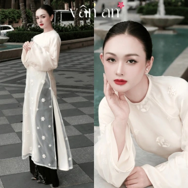 Áo Dài NGUYỆT LINH Tết Tay Dài Dáng Dài 4 Tà - Tơ Thêu Hoạ Tiết Bánh In
