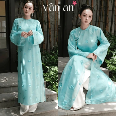 Áo Dài NGUYỆT LINH Tết Tay Dài Dáng Dài 4 Tà - Tơ Thêu Hoạ Tiết Bánh In