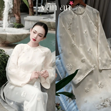 Áo Dài NGUYỆT LINH Tết Tay Dài Dáng Dài 4 Tà - Tơ Thêu Hoạ Tiết Bánh In