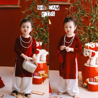 Áo Dài Nhung Bé Gái + Quần Lụa 3 Màu - Giá ưu đãi 179.000, mềm mại sang trọng 2