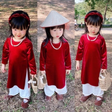 Áo Dài Nhung Bé Gái + Quần Lụa 3 Màu - Giá ưu đãi 179.000, mềm mại sang trọng 8