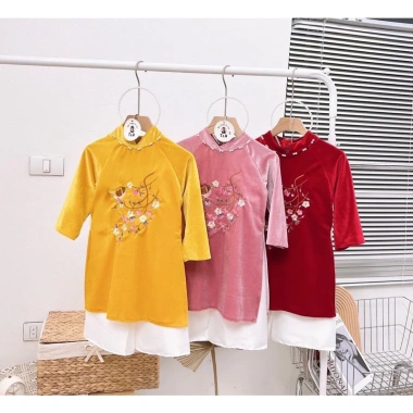 Áo dài nhung bé gái siêu xinh đồ Tết, giảm giá, chỉ 149.000₫ 6