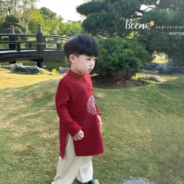 Áo dài nhung bé trai thêu rồng Tết, set quần suông lụa Beemo - Giá giảm còn 245.000đ, mềm mại sang trọng