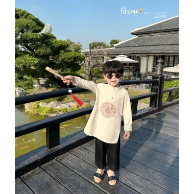 Áo dài nhung bé trai thêu rồng Tết, set quần suông lụa Beemo - Giá giảm còn 245.000đ, mềm mại sang trọng