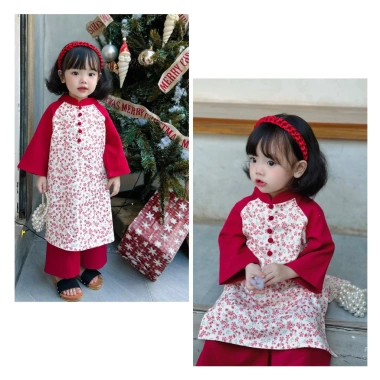 Áo dài nhung Hỏa Tốc Tết bé gái - BST Đậu Kids&Mom kèm bờm, giảm giá 275k